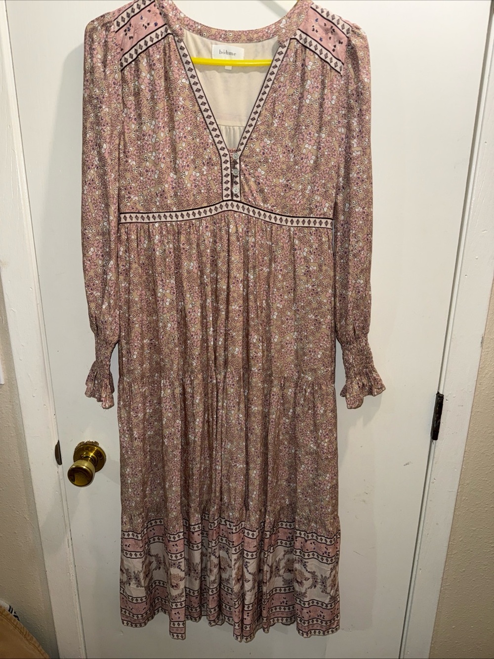 bohme Rose Taupe Floral Tiered Midi Dress